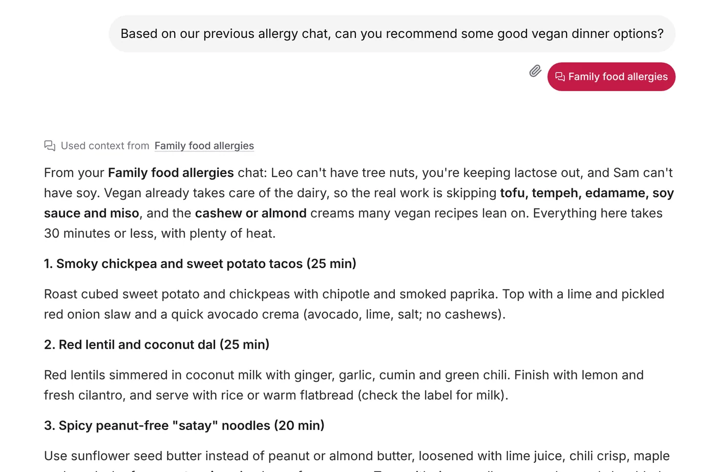 Maya's message "Based on our previous allergy chat, can you recommend some good vegan dinner options?" with a "Family food allergies" chip under it, and the start of a reply that names the allergies