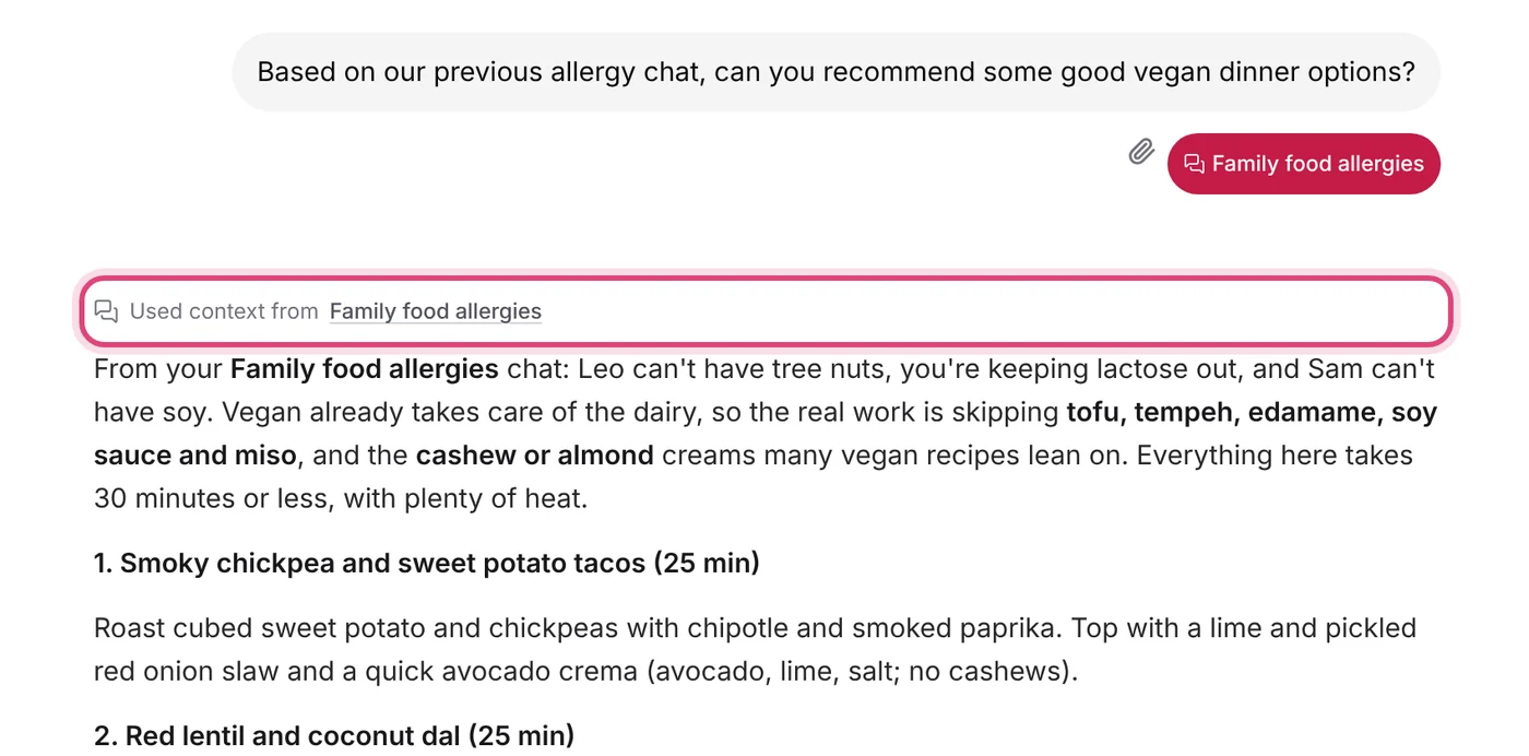 The "Used context from Family food allergies" line above the reply, ringed