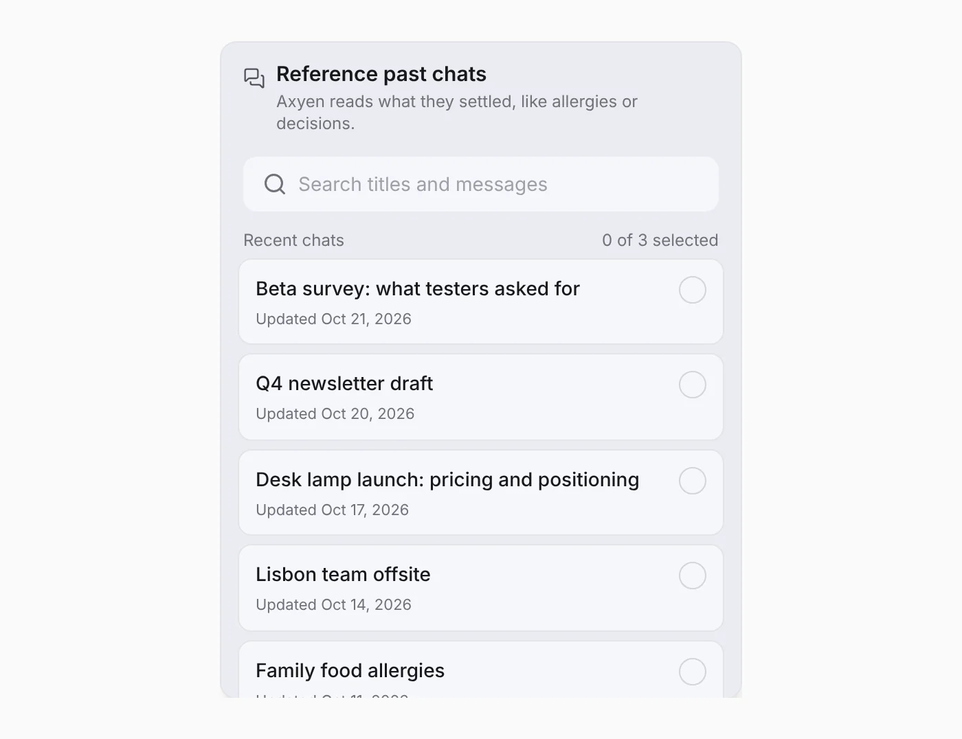 The "Reference past chats" picker listing recent chats