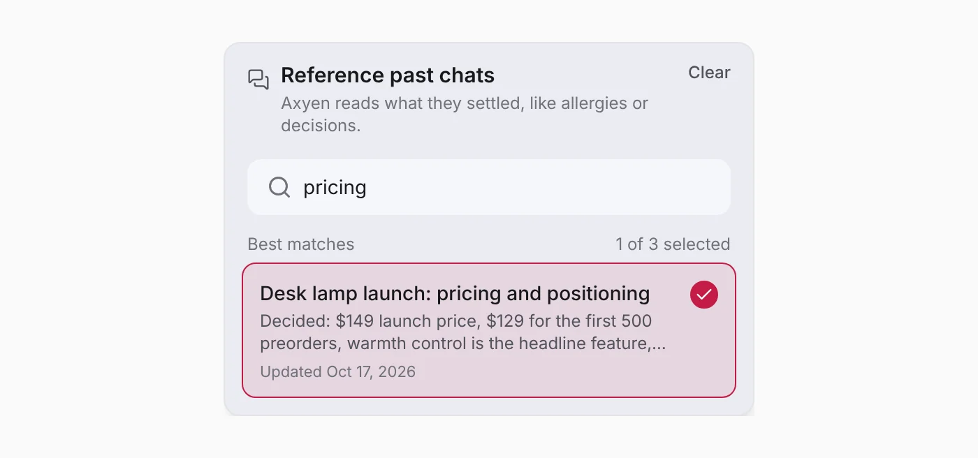 A search for "pricing" with "Desk lamp launch: pricing and positioning" selected