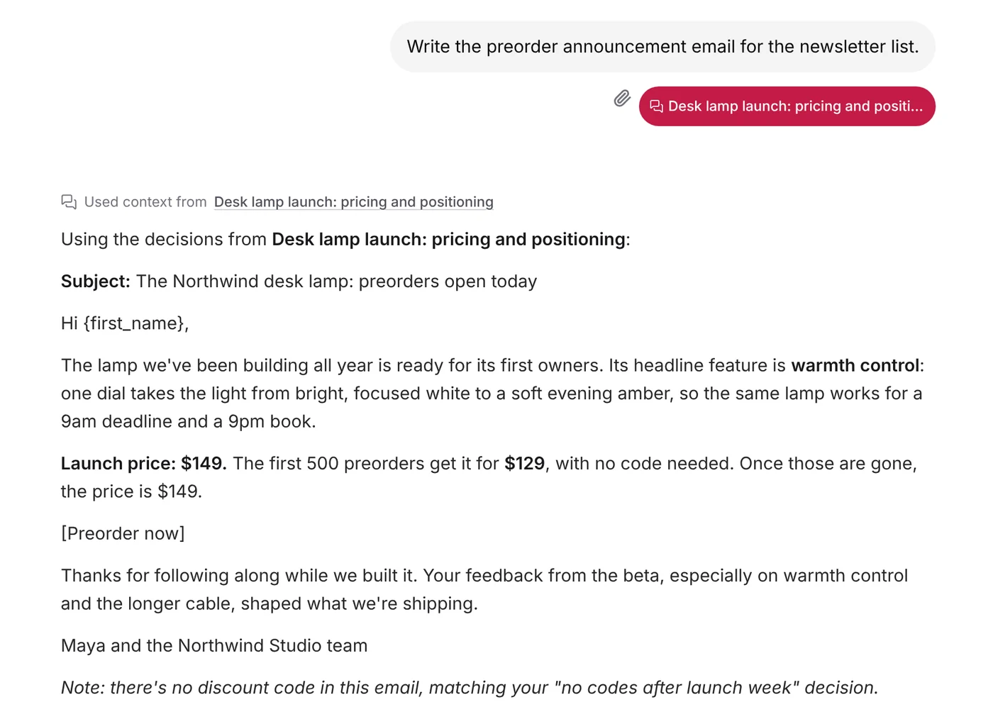 The reply: a preorder email that uses the prices and decisions from the pricing chat, with "Used context from" above it