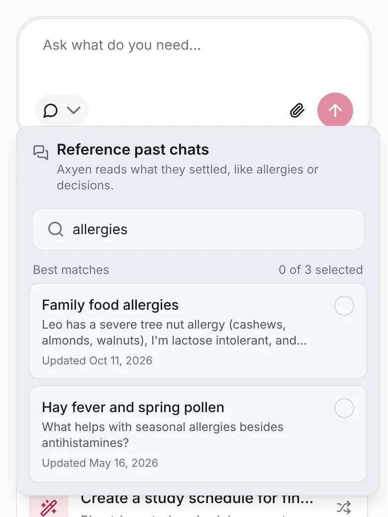 The past chats picker on a phone, searching "allergies"
