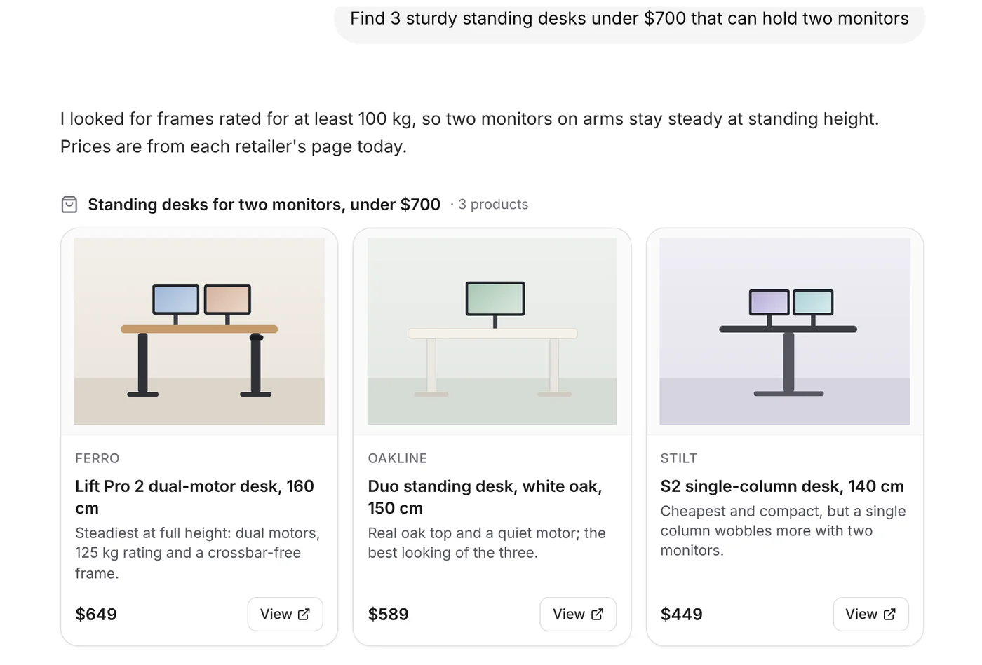 Three product cards for standing desks, each with a photo, brand, name, a reason, a price and a View button