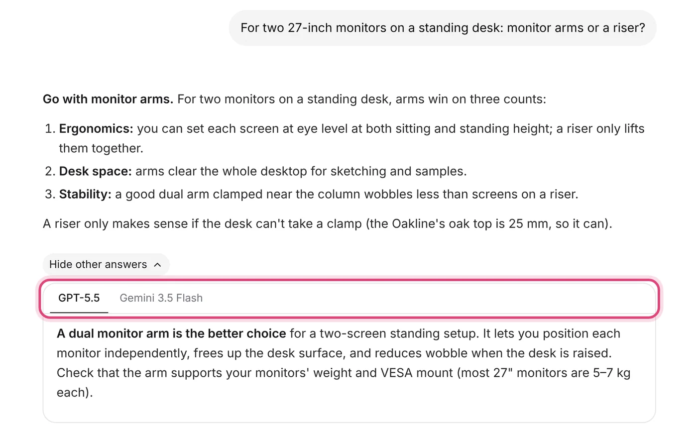 A reply with "Hide other answers" open, showing tabs for GPT-5.5 and Gemini 3.5 Flash with the GPT-5.5 answer below
