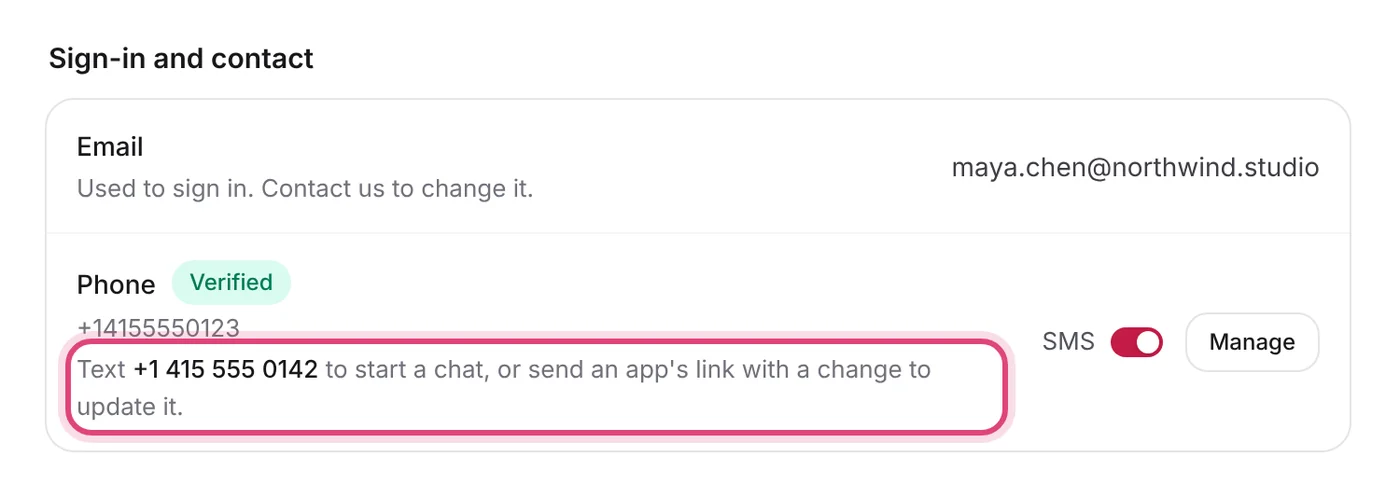 The Phone row in Account settings: Verified, the SMS switch on, and "Text +1 415 555 0142 to start a chat, or send an app's link with a change to update it" ringed