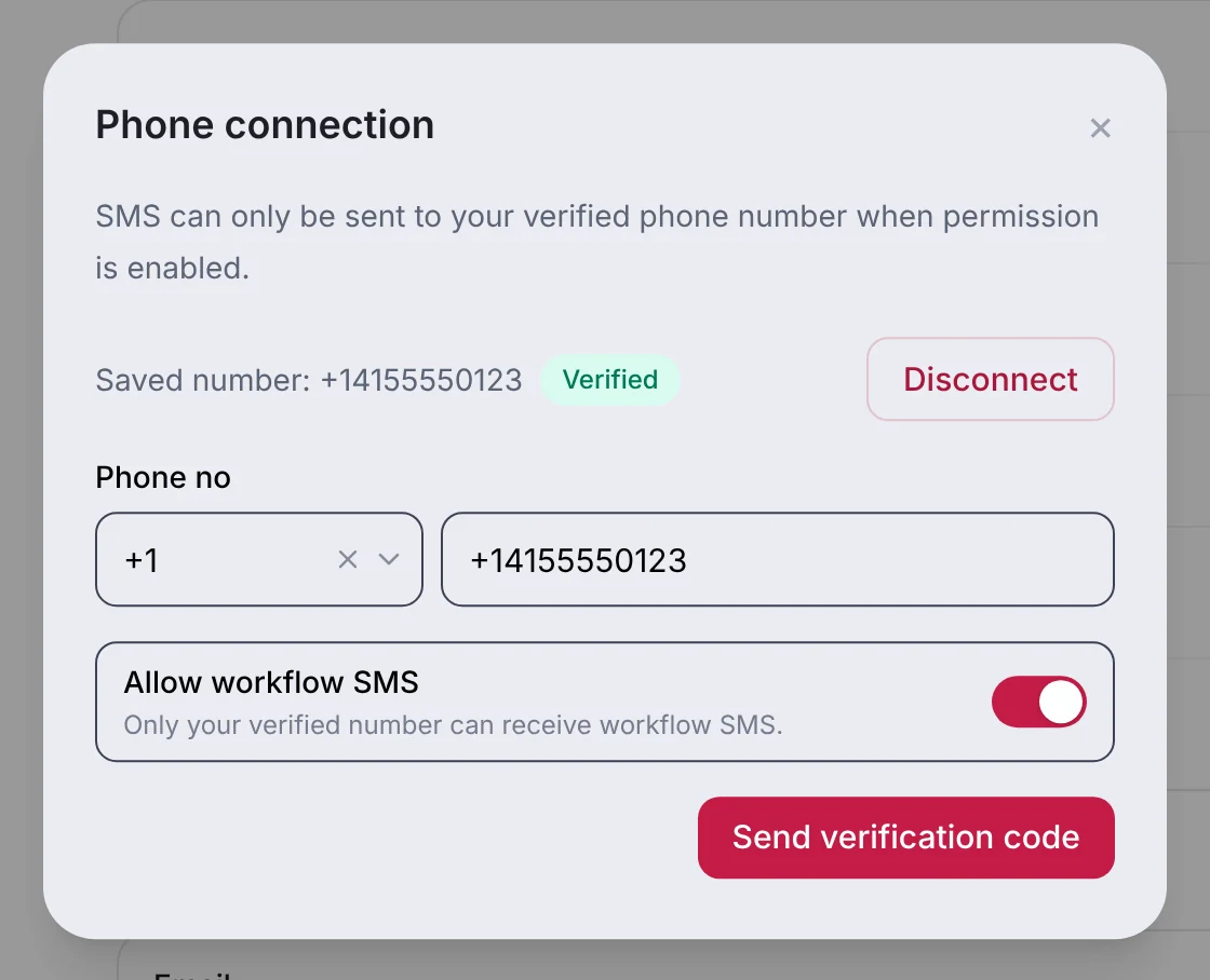 The Phone connection window with the saved number, Verified, the "Allow workflow SMS" switch and the Send verification code button