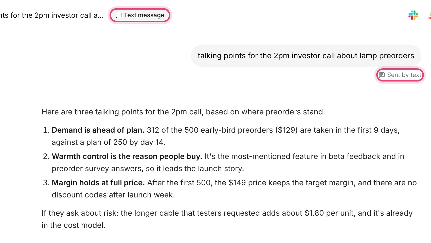 The chat in Axyen: "Text message" badge next to the title, "Sent by text" under the message, and the full answer
