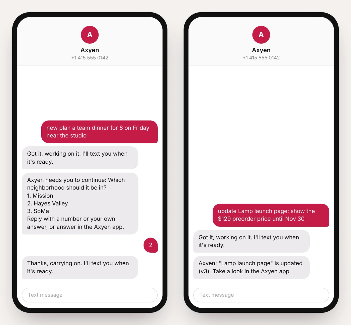 Illustration: answering Axyen's question with "2", and updating the Lamp launch page by text