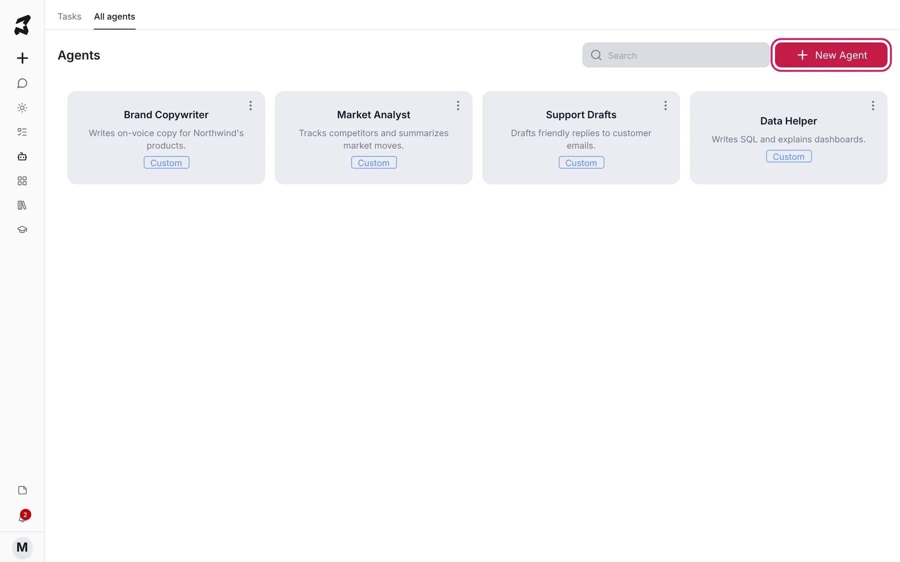 The Agents page showing four agent cards and the New Agent button