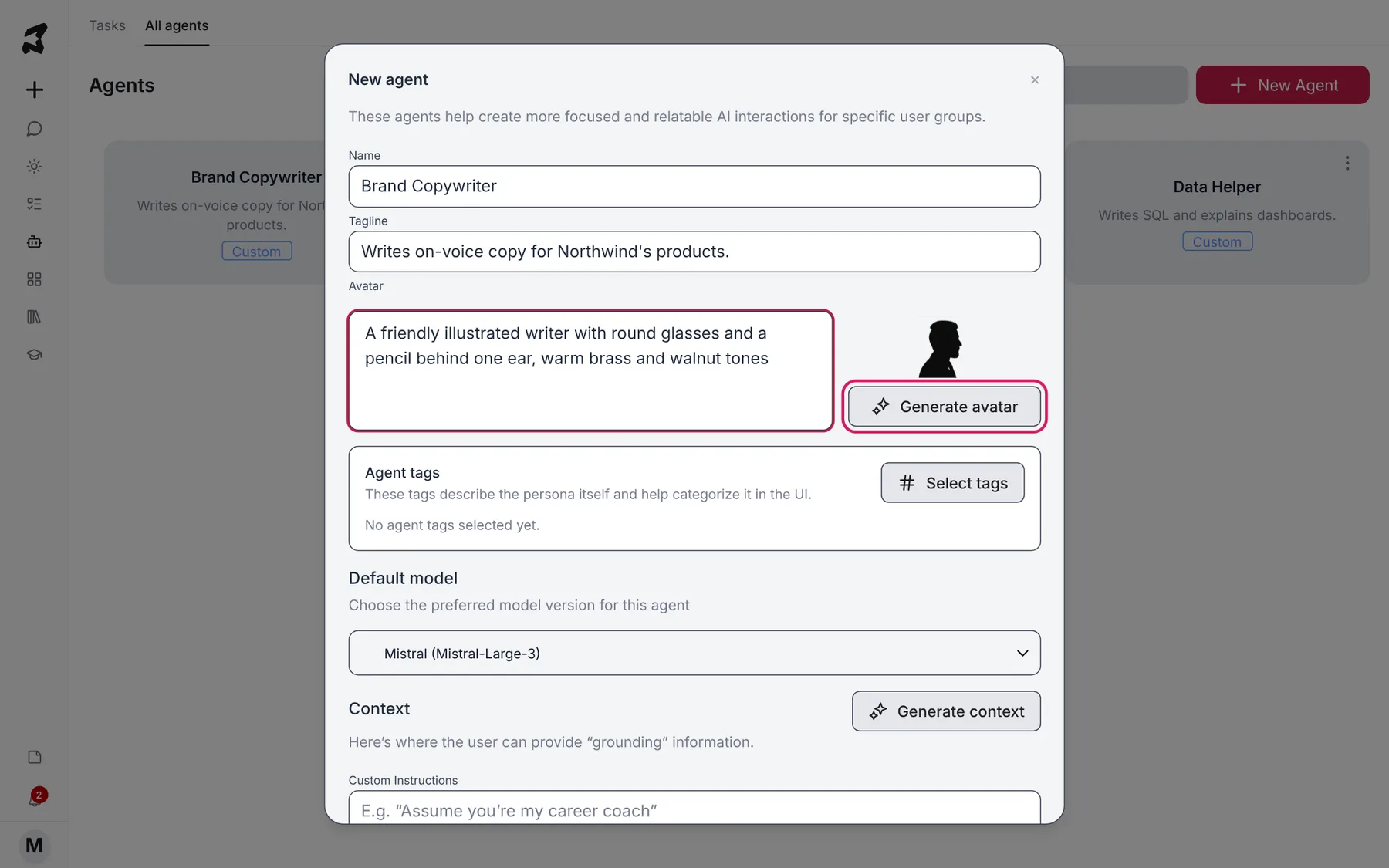 The New agent form with name, tagline and avatar description filled in, and the Generate avatar button marked