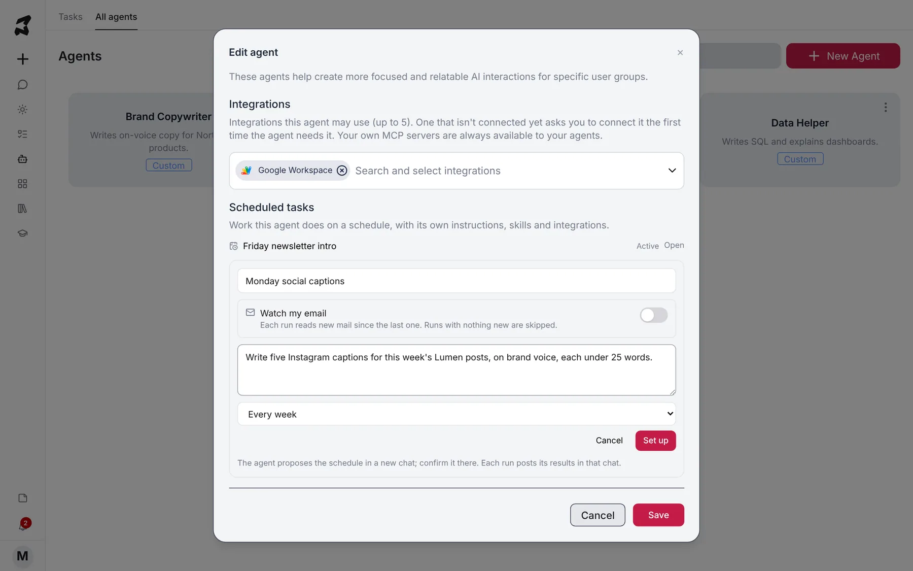 The Scheduled tasks section of Edit agent, with a new task named Monday social captions set to run every week