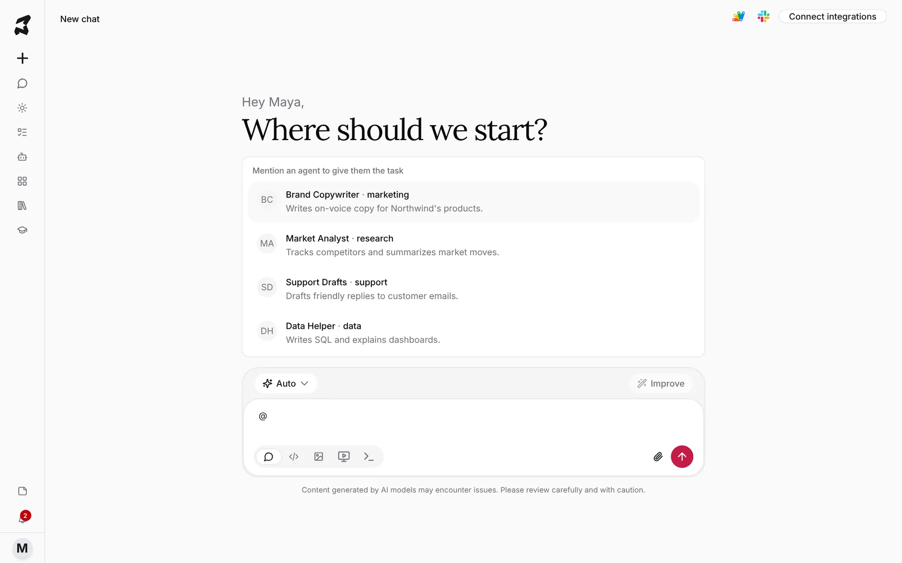 Typing @ in the composer opens a list of agents to mention