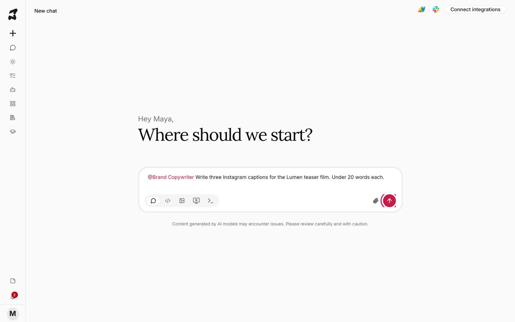 The composer with @Brand Copywriter followed by a request for Instagram captions, and the send button marked