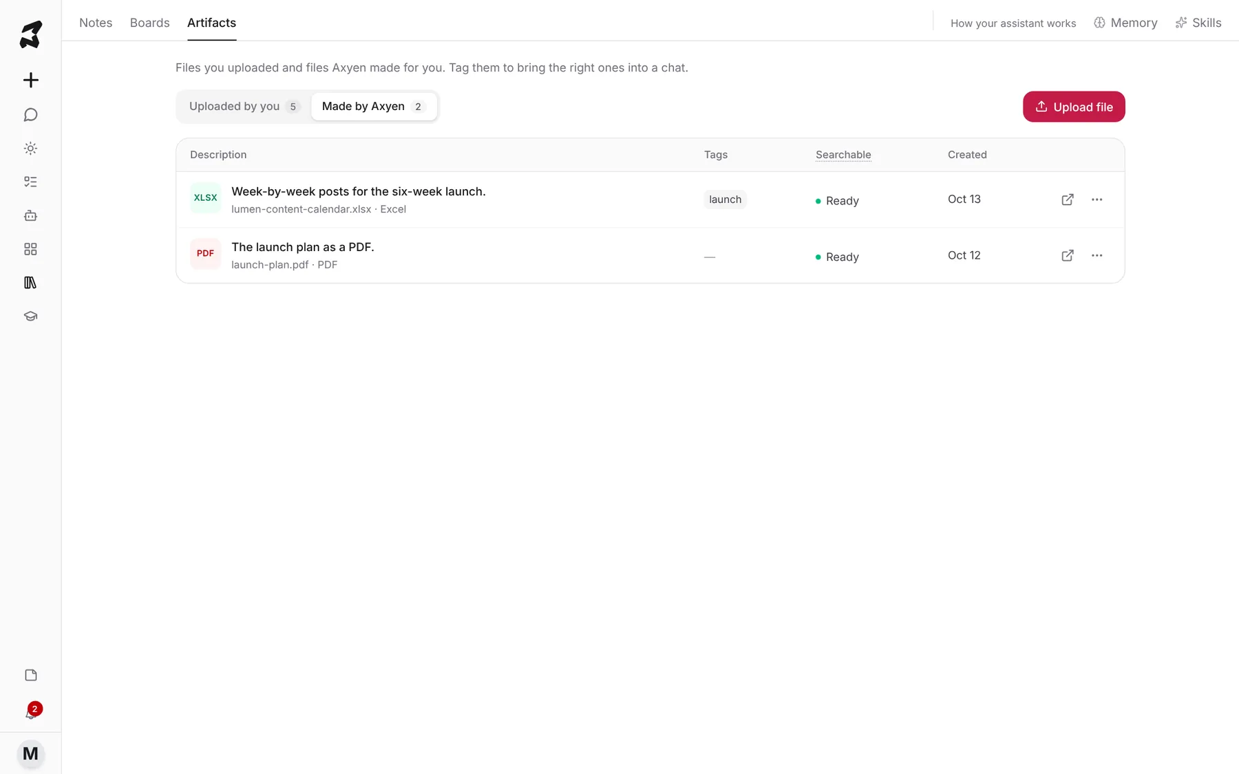 The Made by Axyen tab with a content calendar spreadsheet and a launch plan PDF