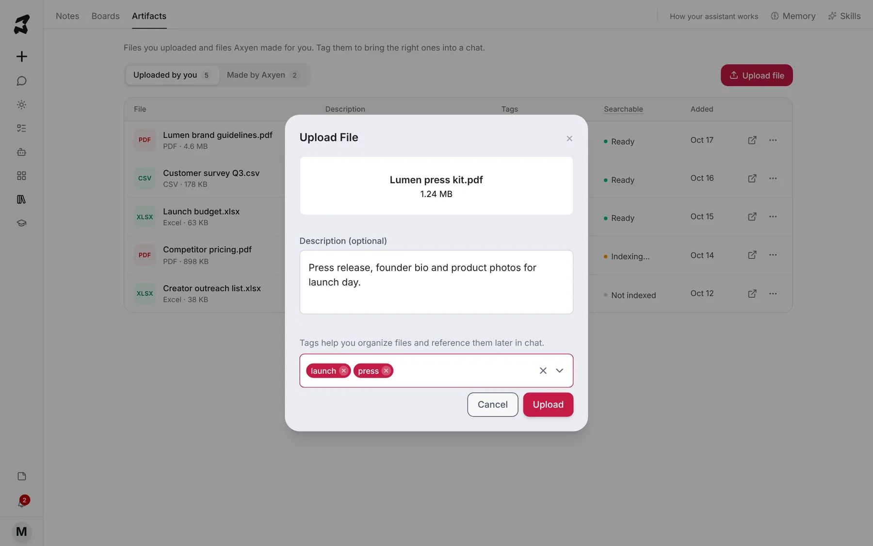 The Upload File dialog with Lumen press kit.pdf, a description, and the tags launch and press