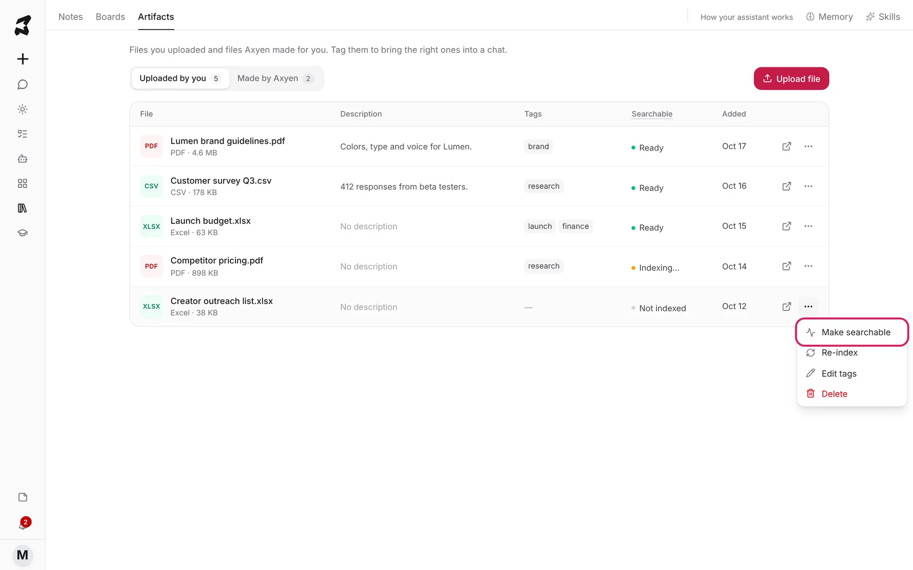 The More actions menu for a not-indexed file, with Make searchable highlighted