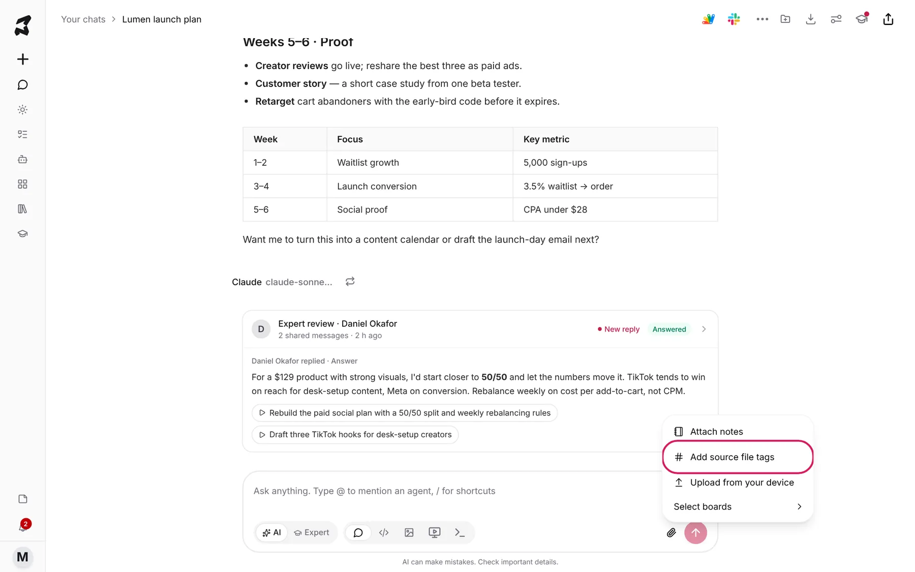The composer's attachment menu with Add source file tags highlighted