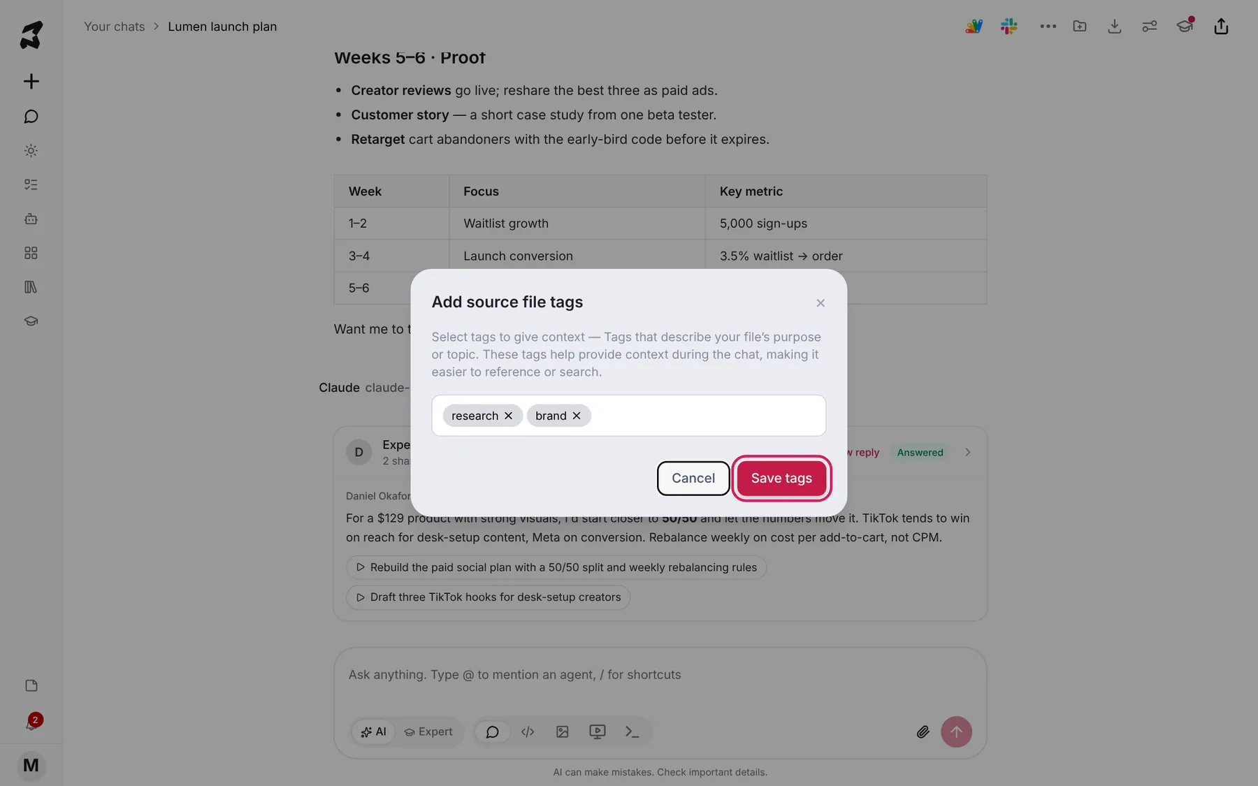 The Add source file tags dialog with research and brand selected and Save tags highlighted