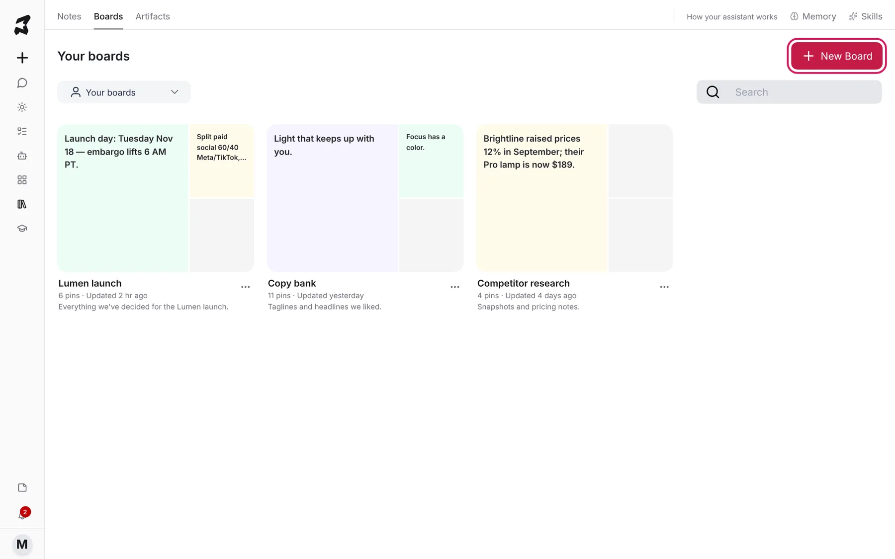 The Boards page showing three boards, Lumen launch, Copy bank and Competitor research, with the New Board button highlighted