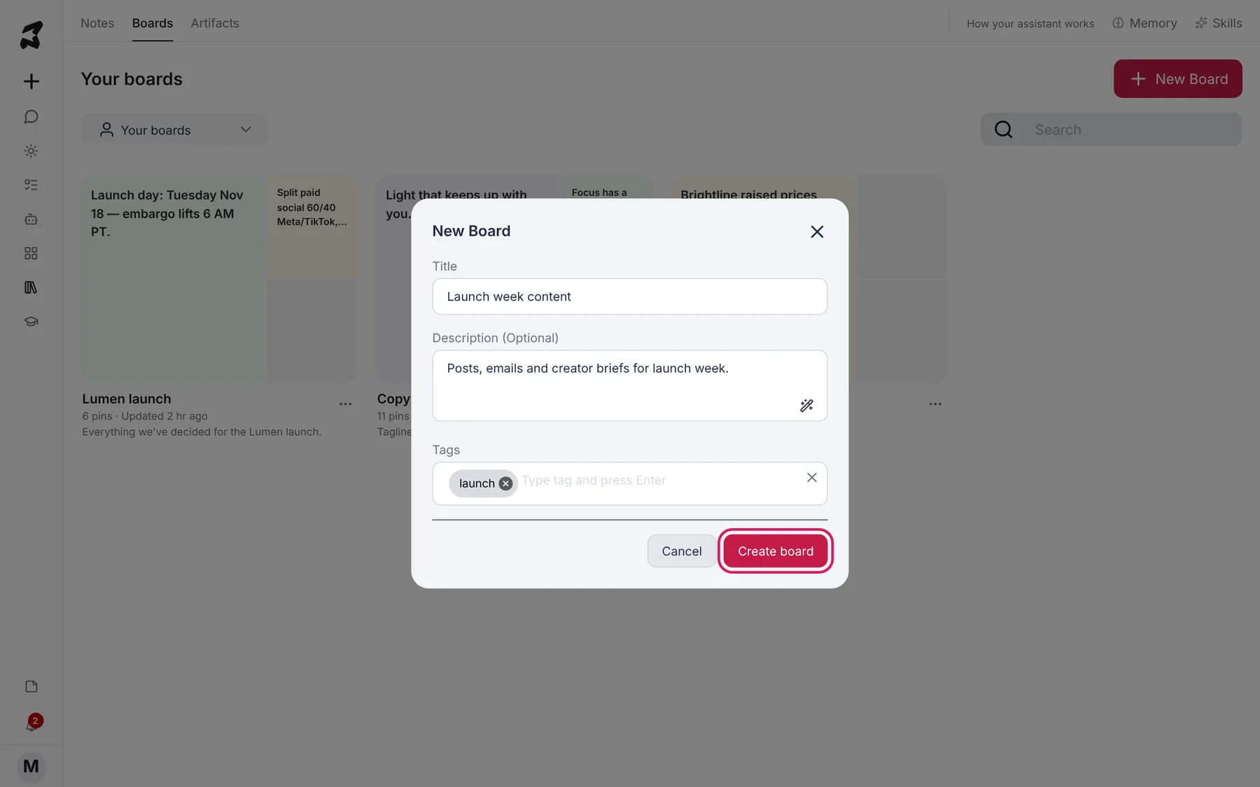 The New Board dialog with a title, description and a launch tag filled in, and Create board highlighted