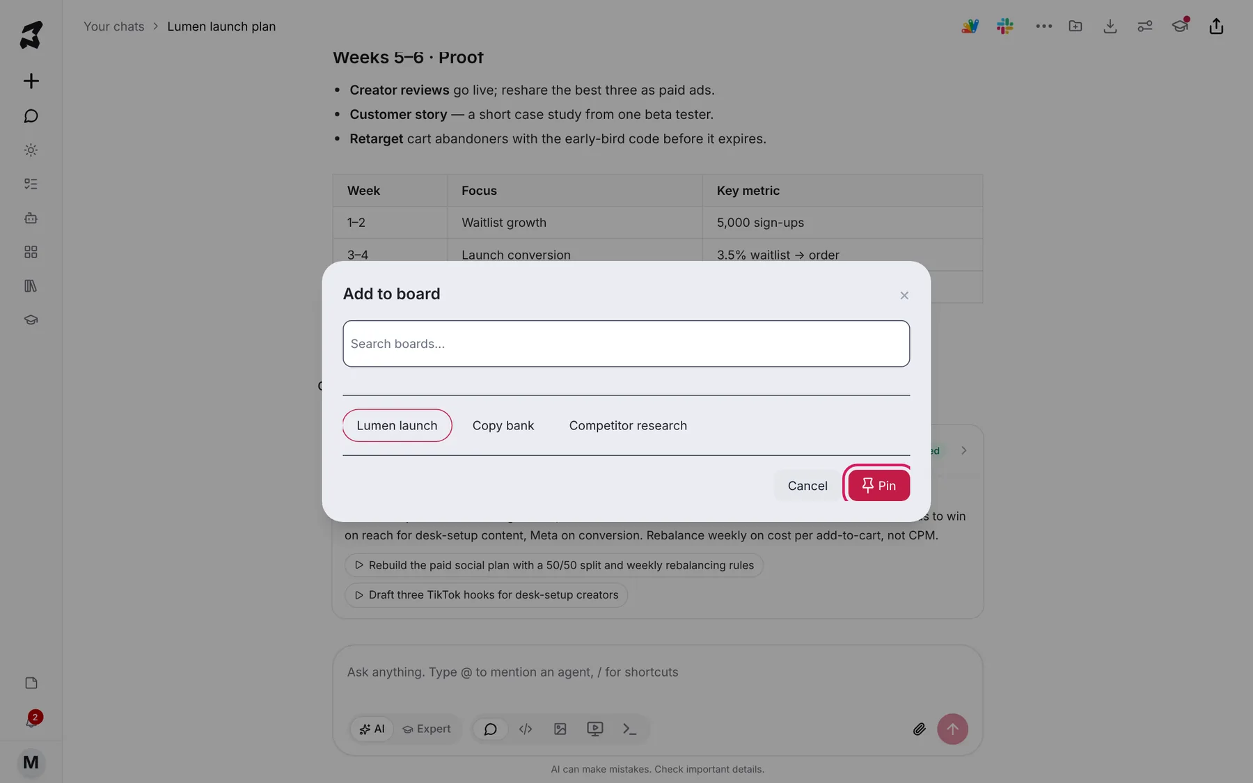 The Add to board dialog with Lumen launch selected and the Pin button highlighted