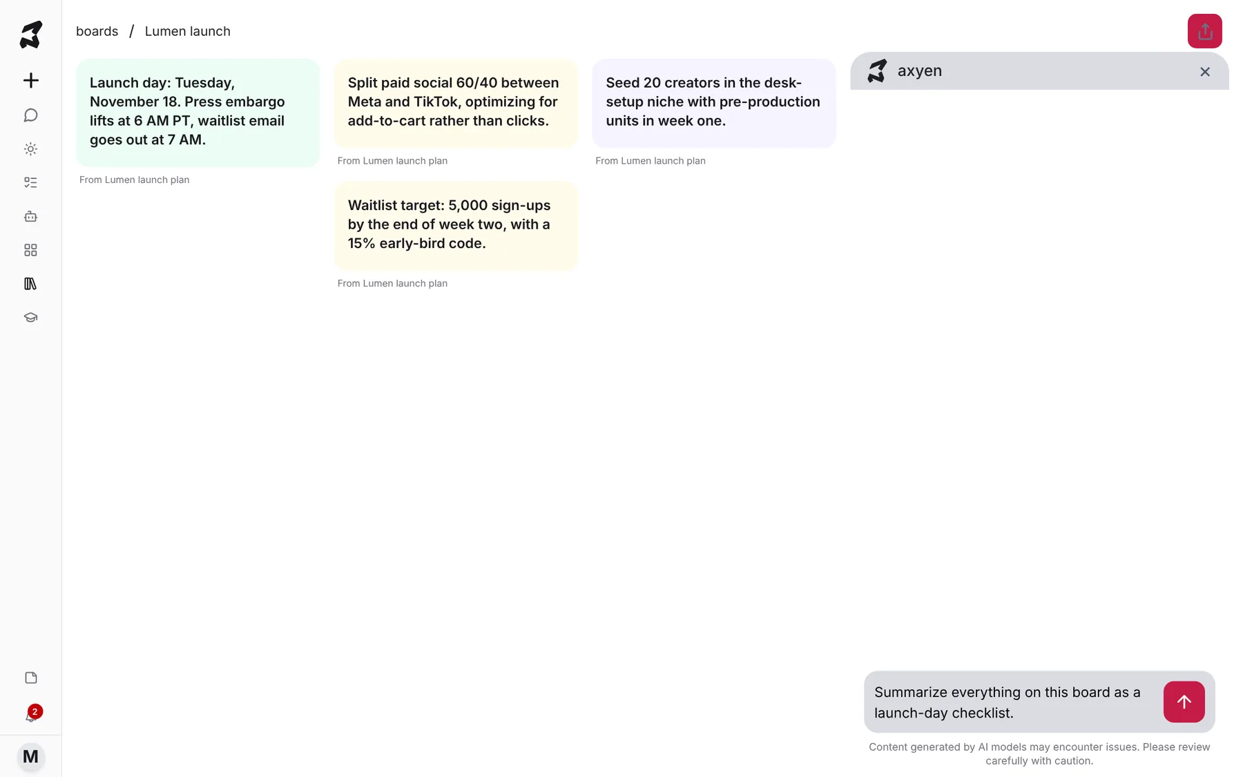 The board chat panel open next to the pins, with a question typed in