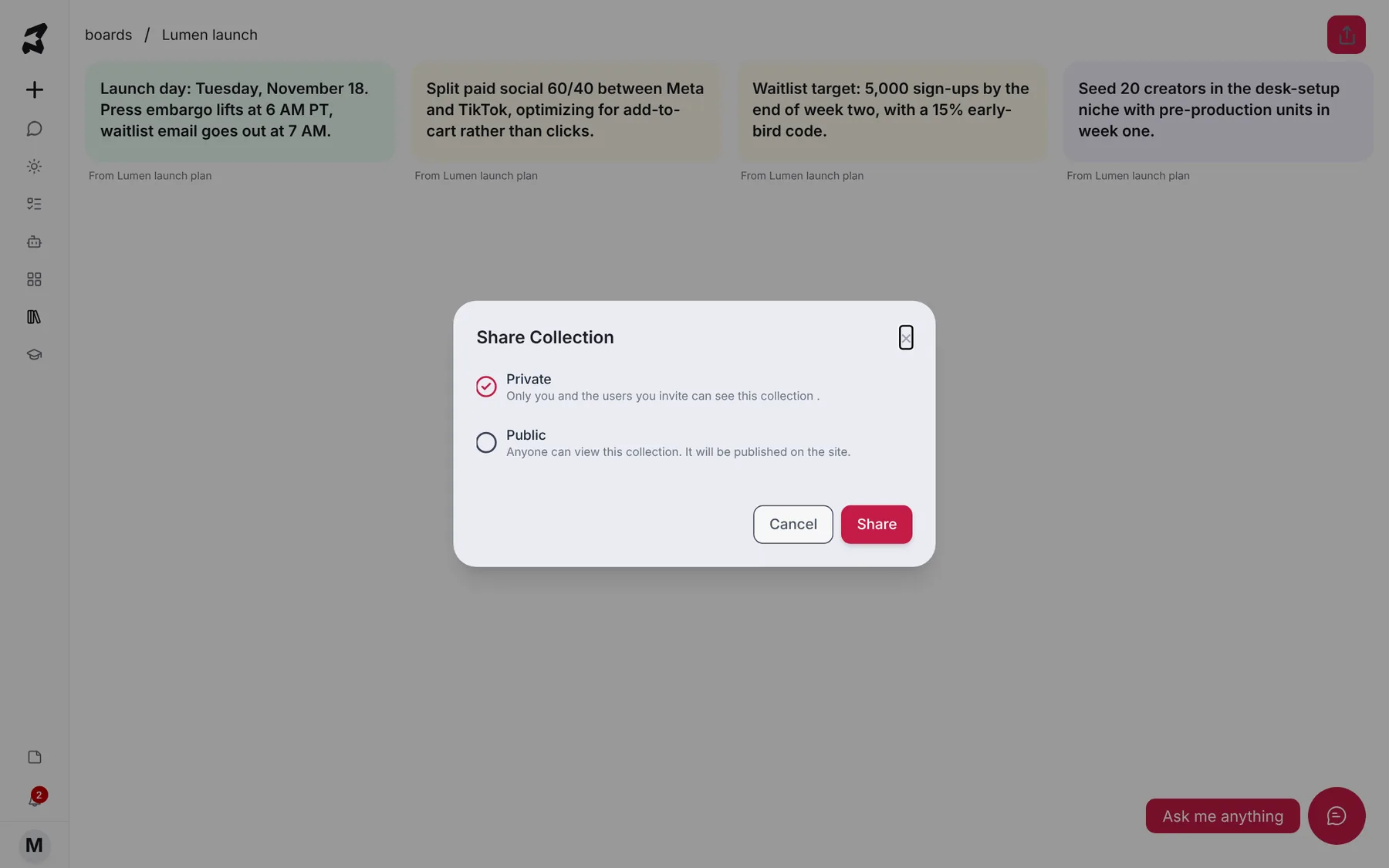 The Share Collection dialog with Private and Public options