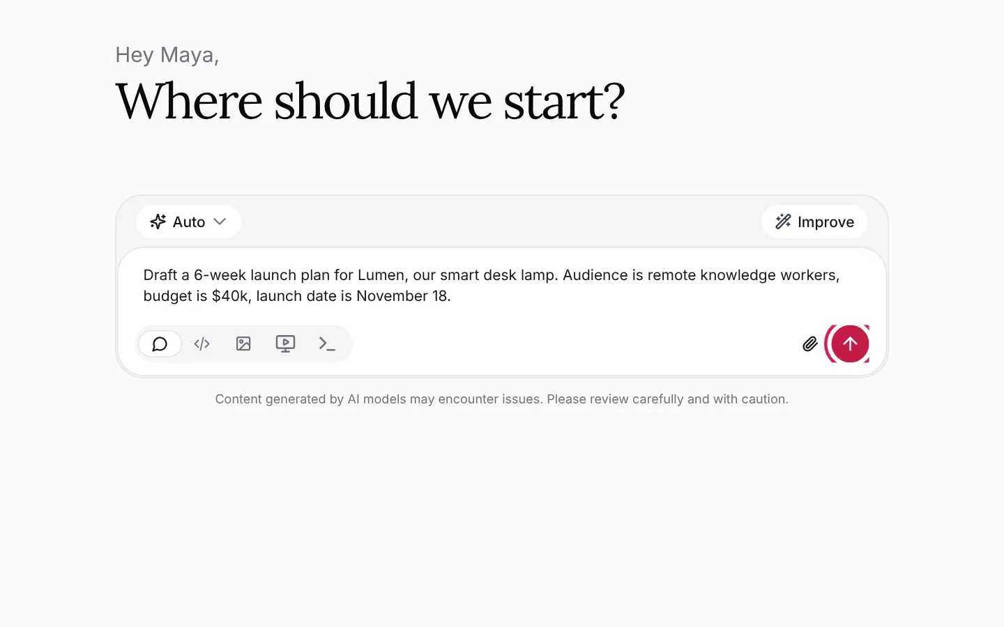 The message box with a launch-plan prompt typed in, the Auto model button and Improve above it, and the send button highlighted