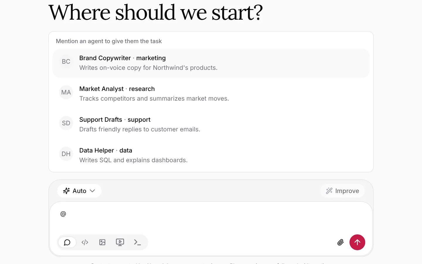 Typing @ shows the list of agents: Brand Copywriter, Market Analyst, Support Drafts and Data Helper