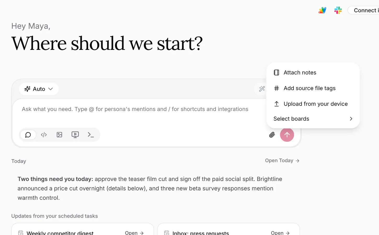 The attachment menu open with Attach notes, Add source file tags, Upload from your device and Select boards