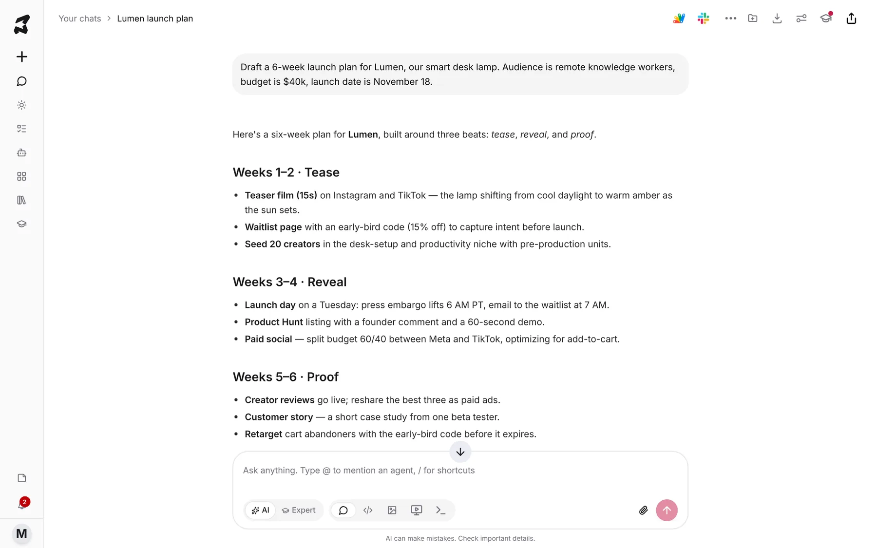 A reply showing a six-week launch plan split into Tease, Reveal and Proof phases