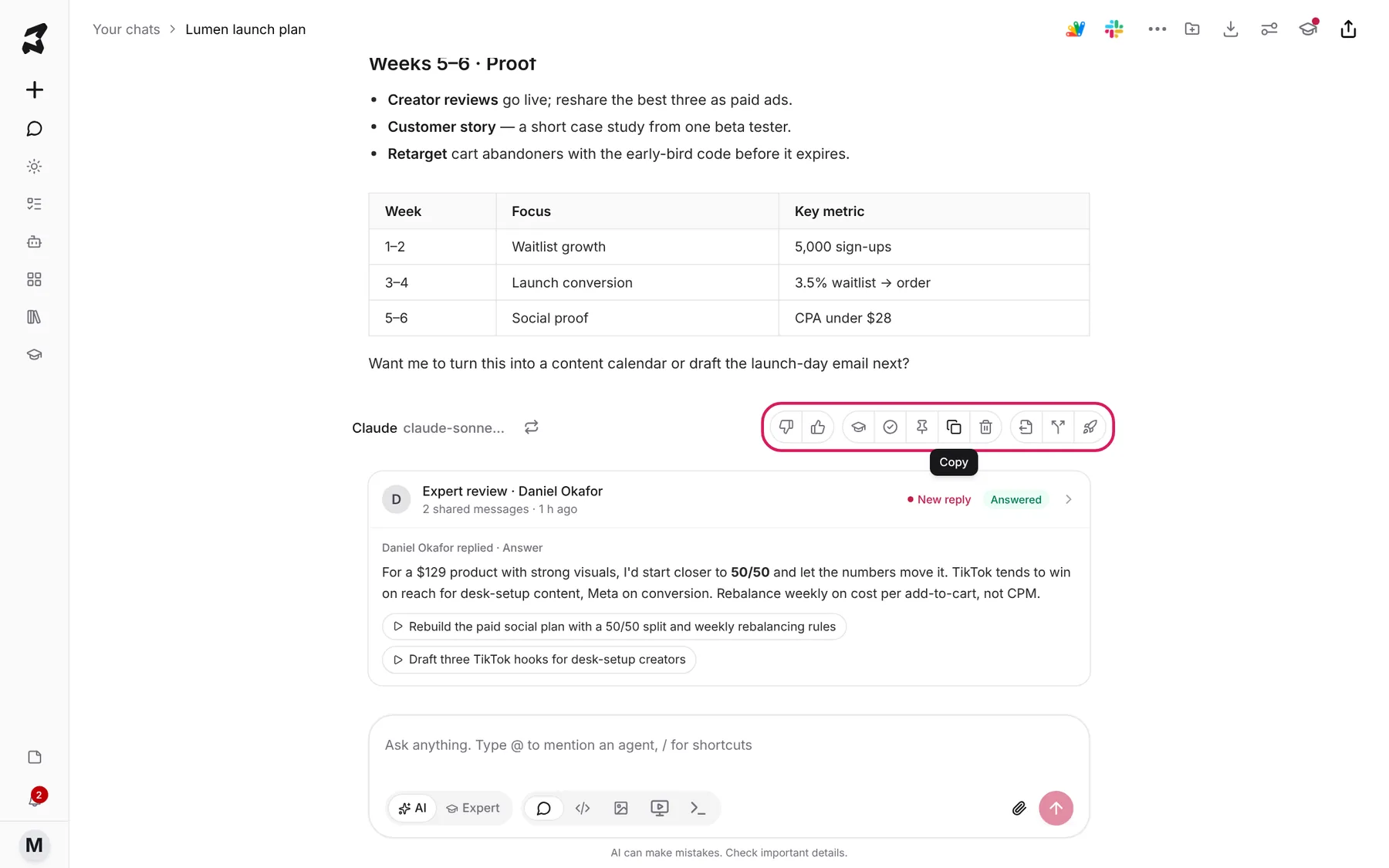The row of actions under a reply highlighted, with the Copy tooltip showing