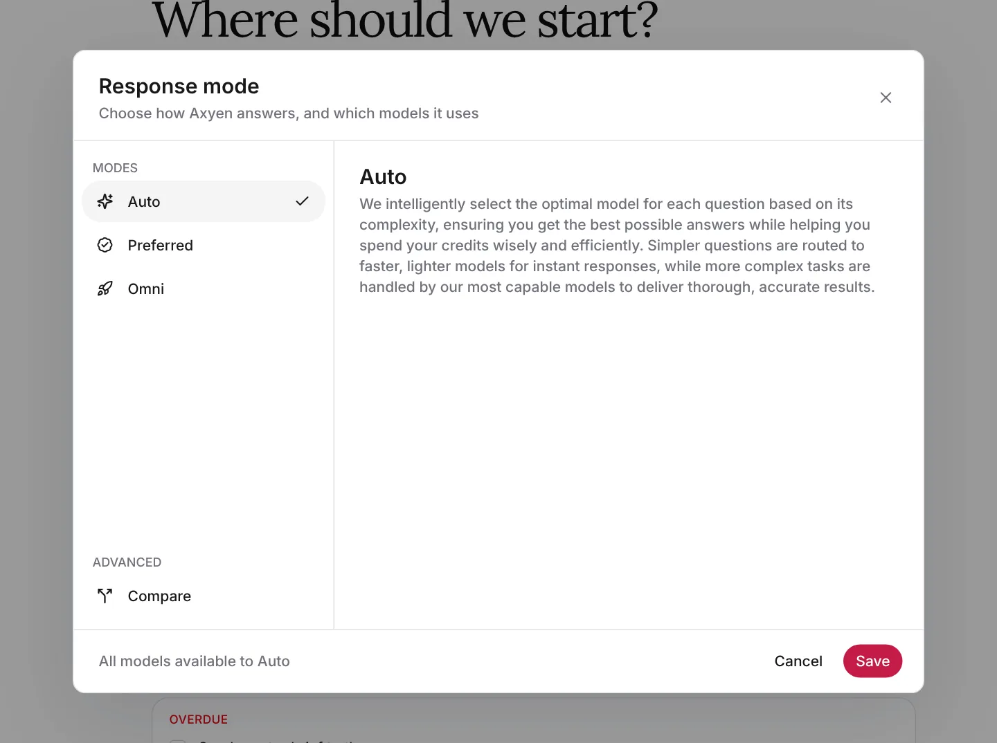The Response mode window with Auto selected and its description