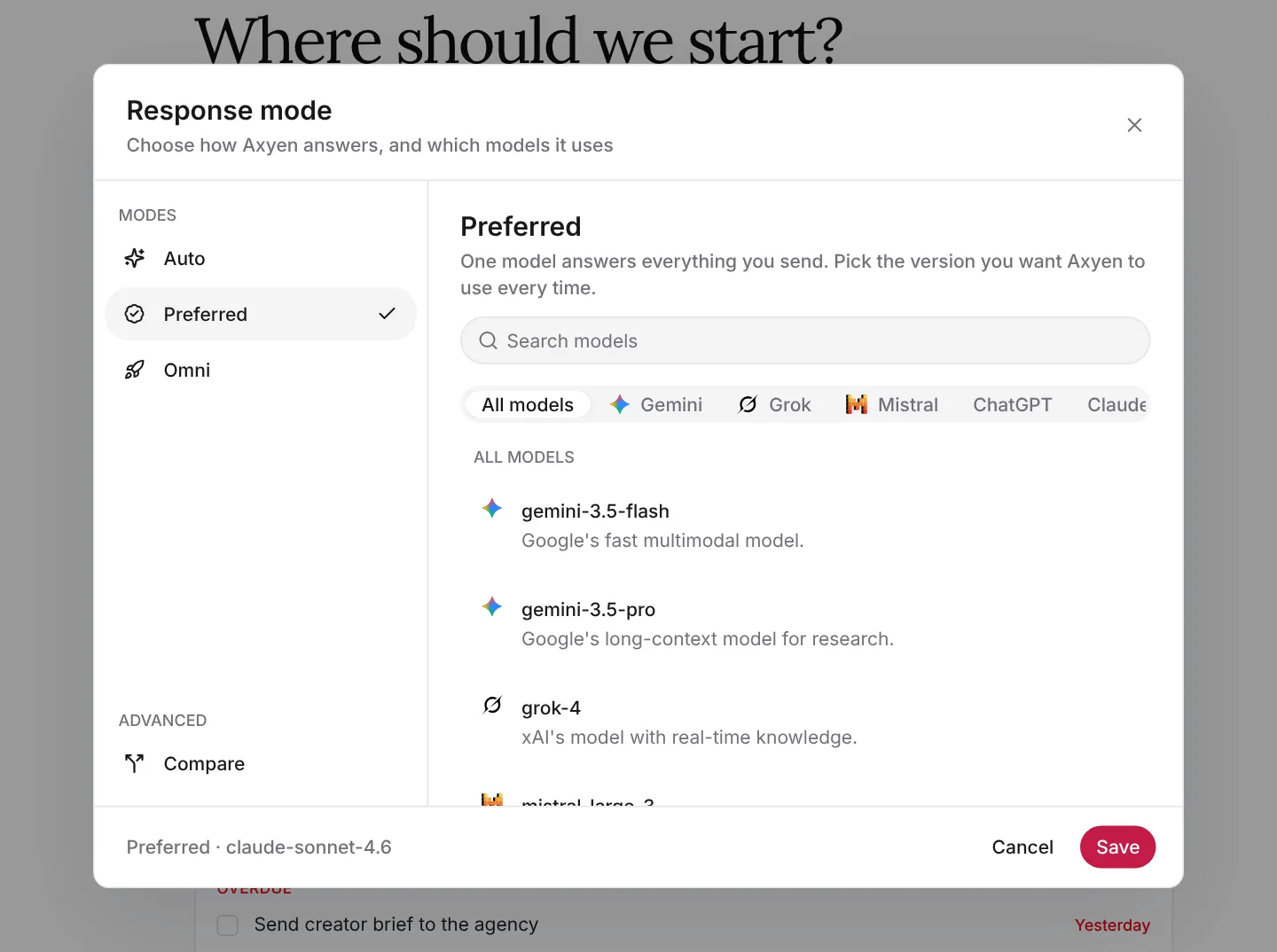 Preferred mode with a searchable list of models and provider filter tabs