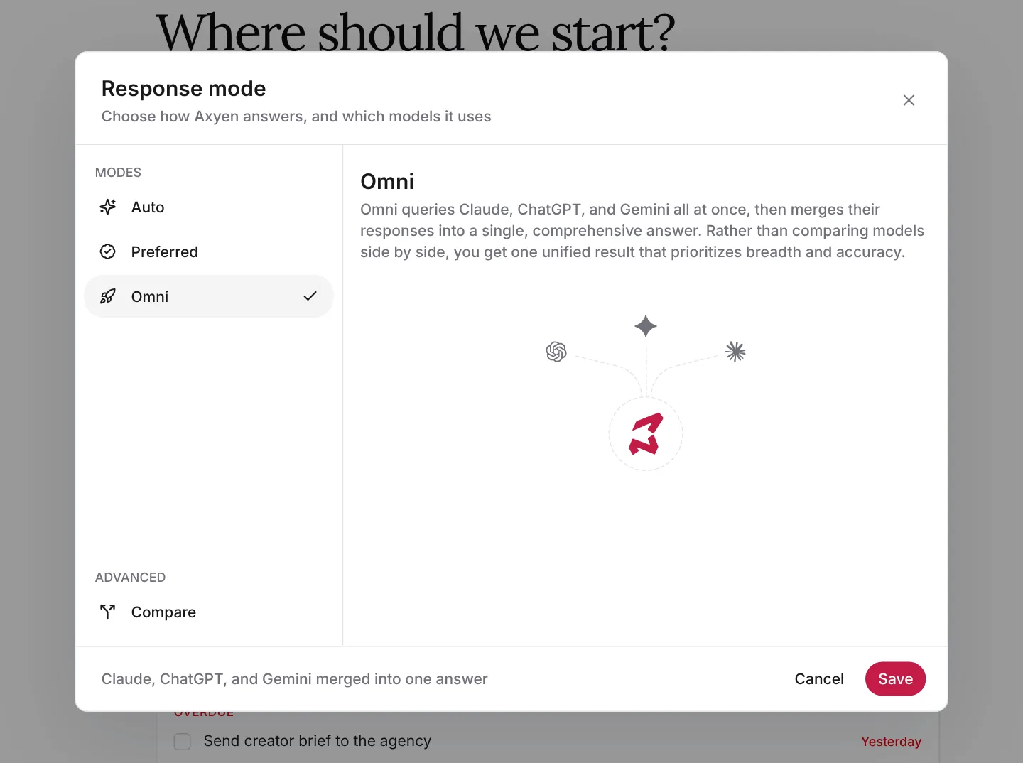 Omni mode, explaining that it queries Claude, ChatGPT and Gemini and merges their answers into one