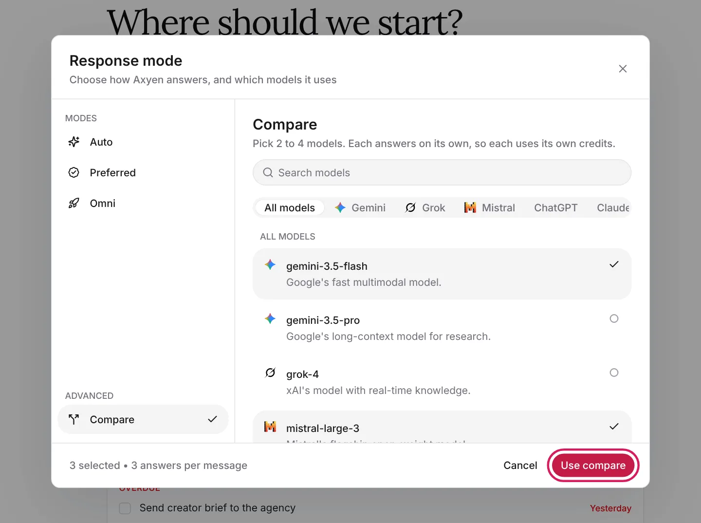Compare mode with three models selected and the Use compare button highlighted