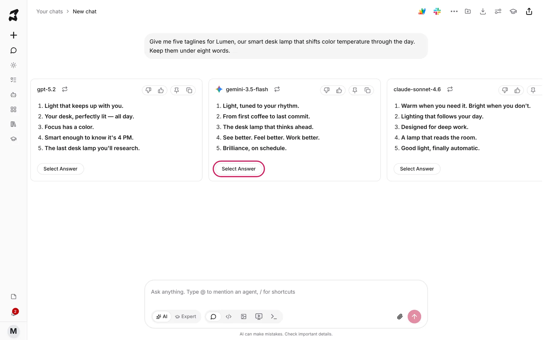 Three answers side by side from gpt-5.2, claude-sonnet-4.6 and gemini-3.5-flash, with Select Answer highlighted on the second
