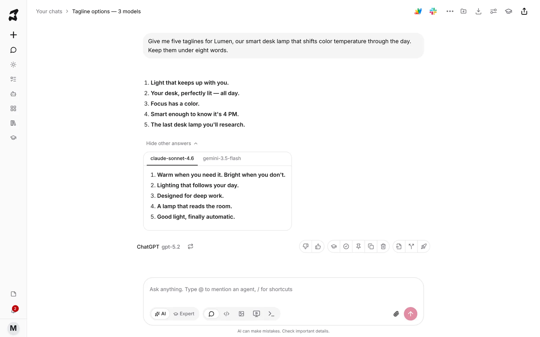 The chosen answer with the other two models' answers opened underneath in tabs