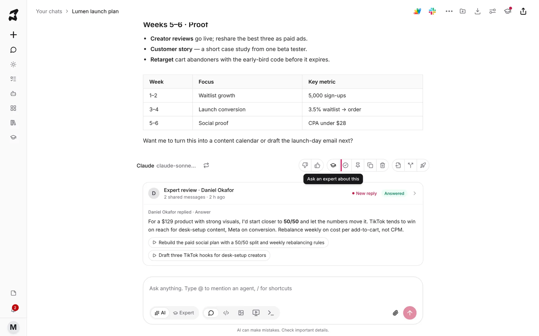 A launch-plan reply with the Ask an expert about this action highlighted under it, and the AI and Expert switch in the message box