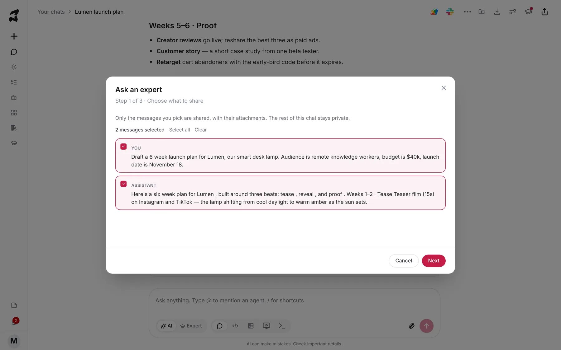 Step 1 of 3 of the Ask an expert dialog with the launch-plan prompt and the assistant's reply both selected, and 2 messages selected shown above them