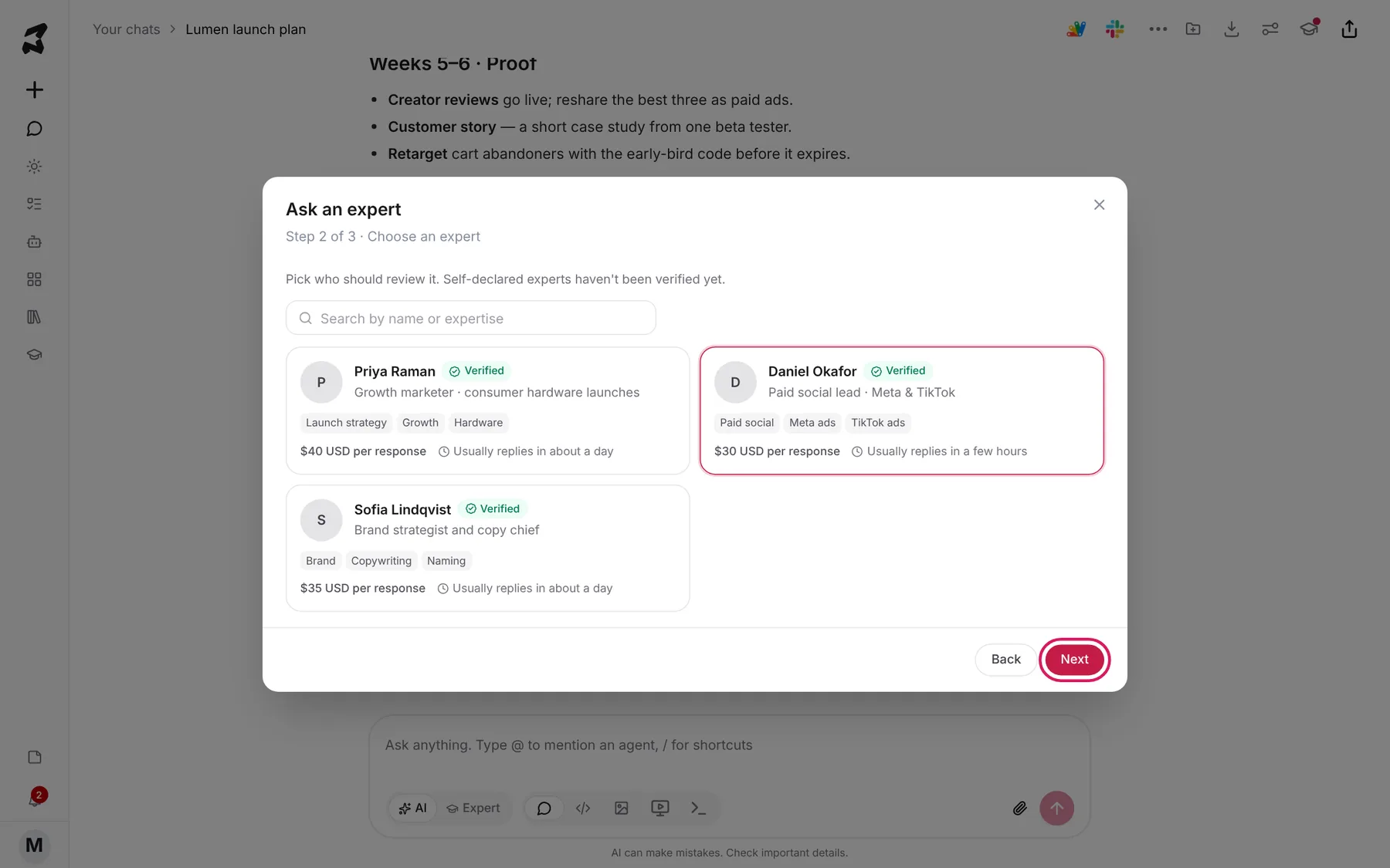 Step 2 of 3 with three expert cards for growth, paid social and brand, the paid social expert selected, and the Next button highlighted