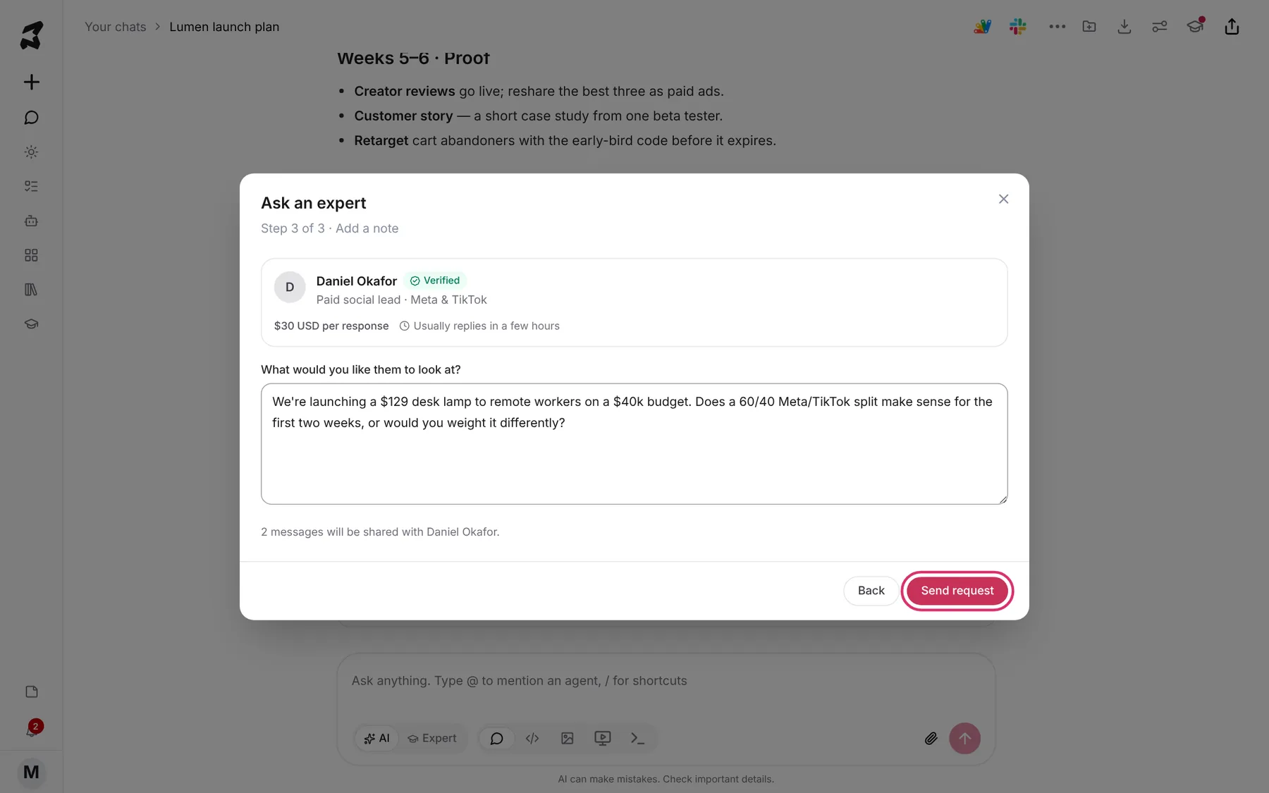 Step 3 of 3 with the chosen expert's card, a note about the Meta and TikTok budget split, and the Send request button highlighted