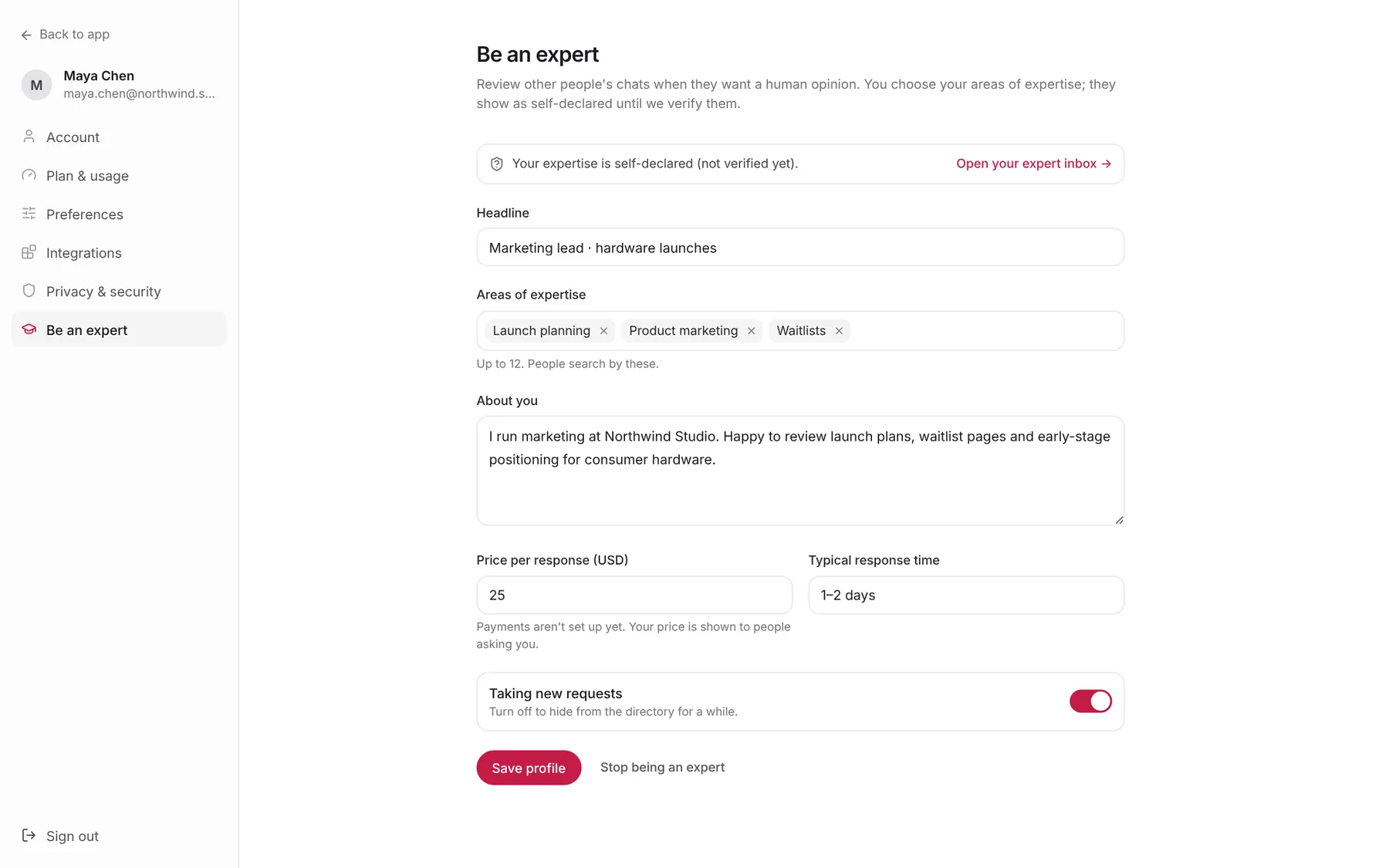 The Be an expert settings page with a headline, three areas of expertise, a short bio, a price of 25 dollars, a response time and the Taking new requests switch on