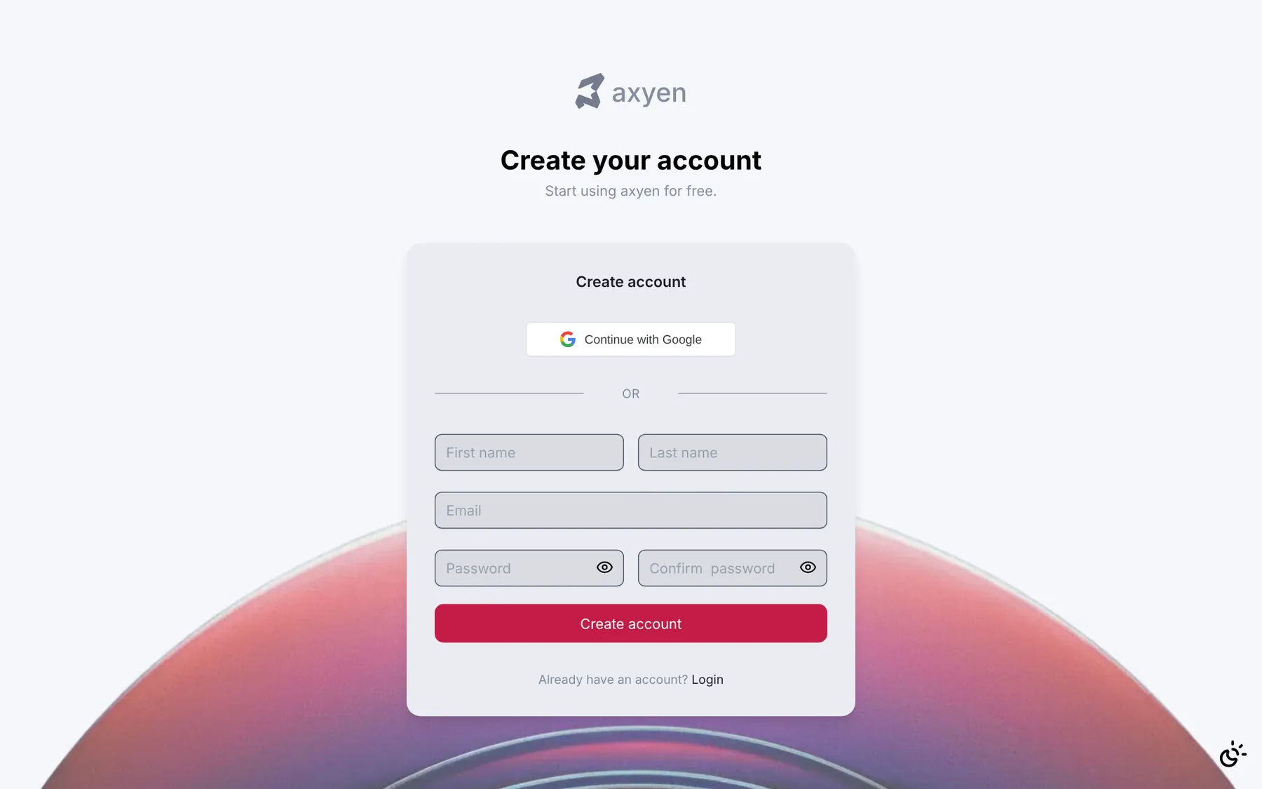 The Create your account screen with a Continue with Google button and the email sign-up form