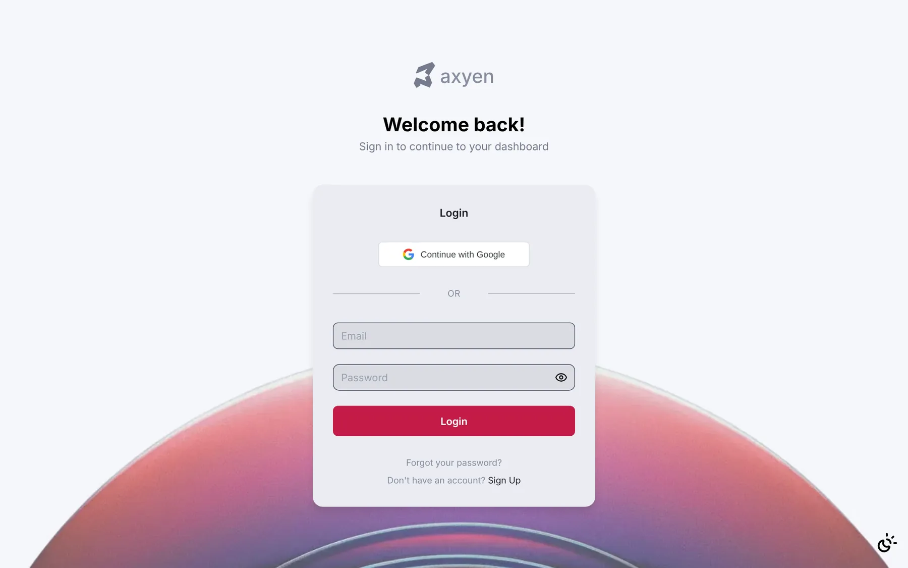 The Welcome back sign-in screen with email and password fields and a Login button