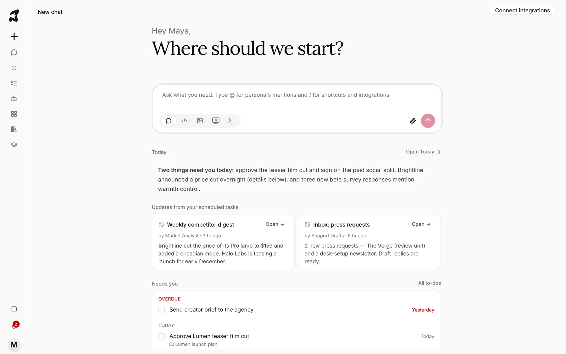 The Axyen home screen: a greeting, the message box, and the Today panel with a brief, scheduled task updates and to-dos
