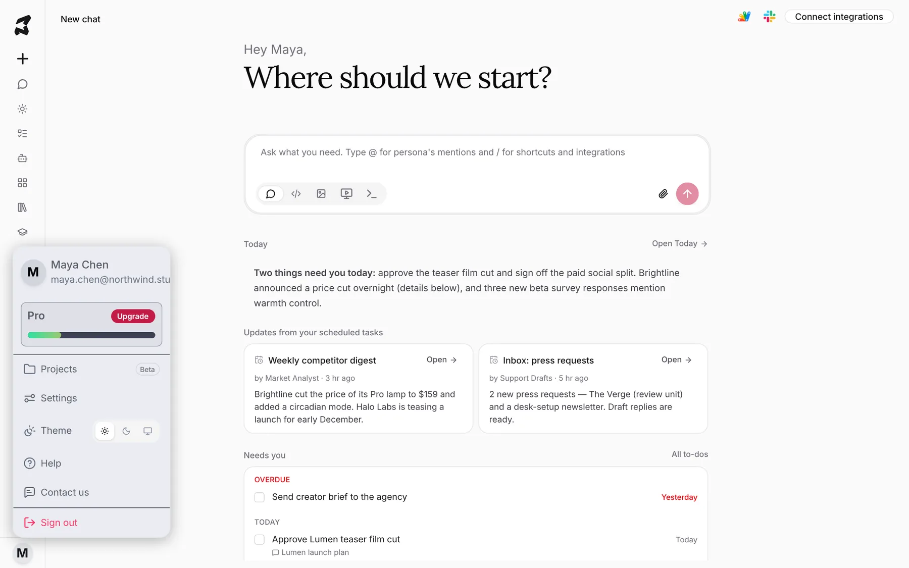 The account menu showing the Pro plan with a credit usage bar, and links to Projects, Settings, Theme, Help, Contact us and Sign out