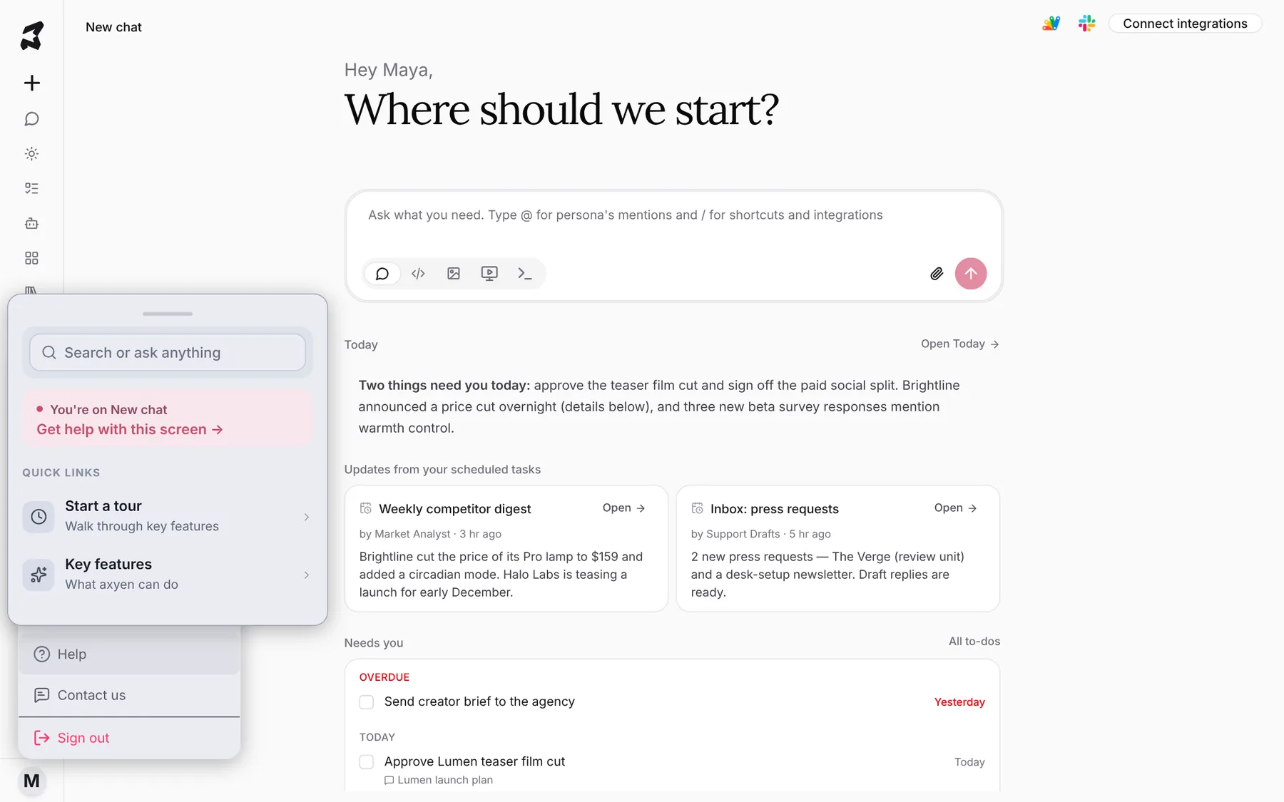 The Help panel with a search box, a link to get help with the current screen, and quick links to Start a tour and Key features