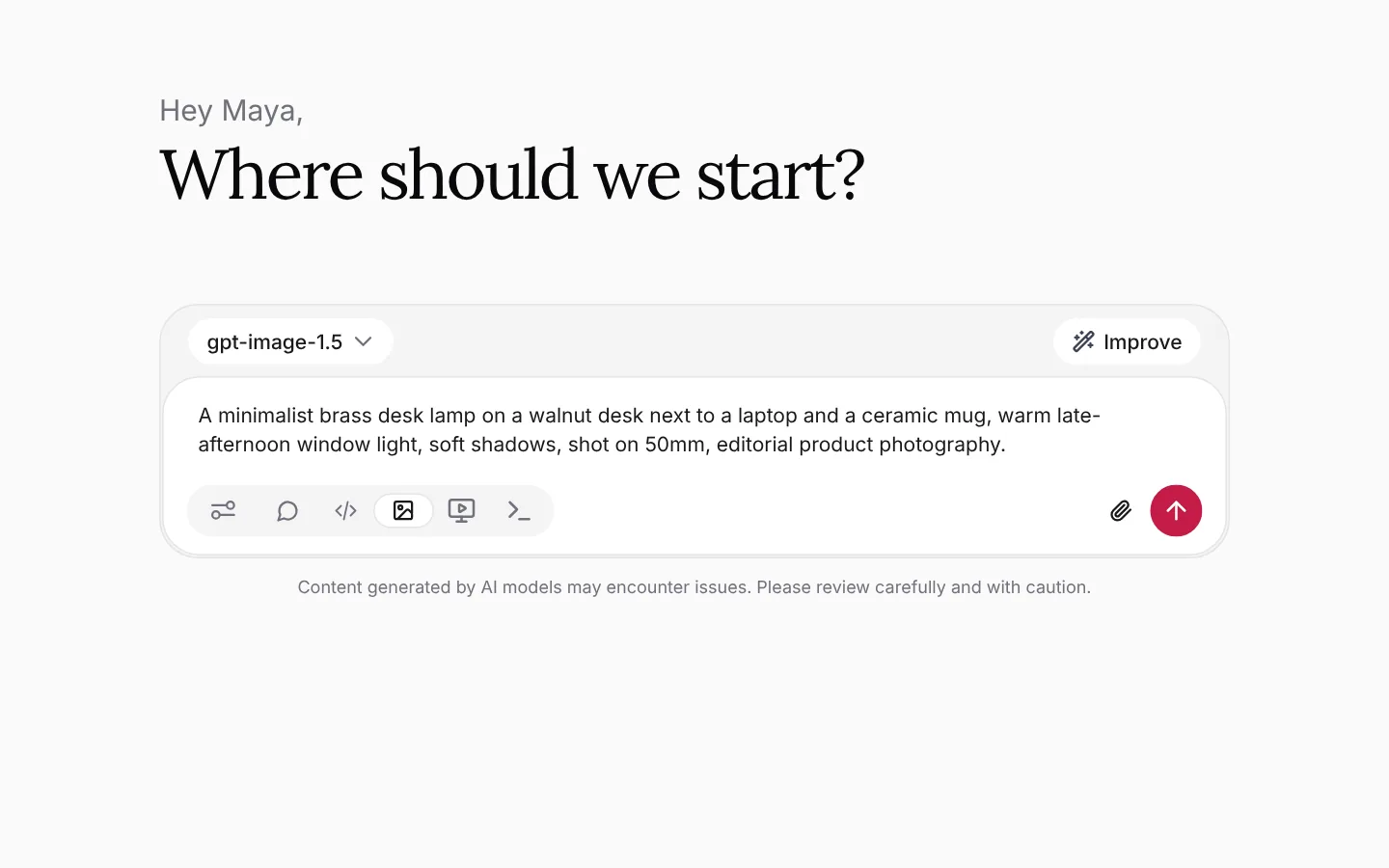 Image mode with a product-photo prompt typed in and an image model selected above the box