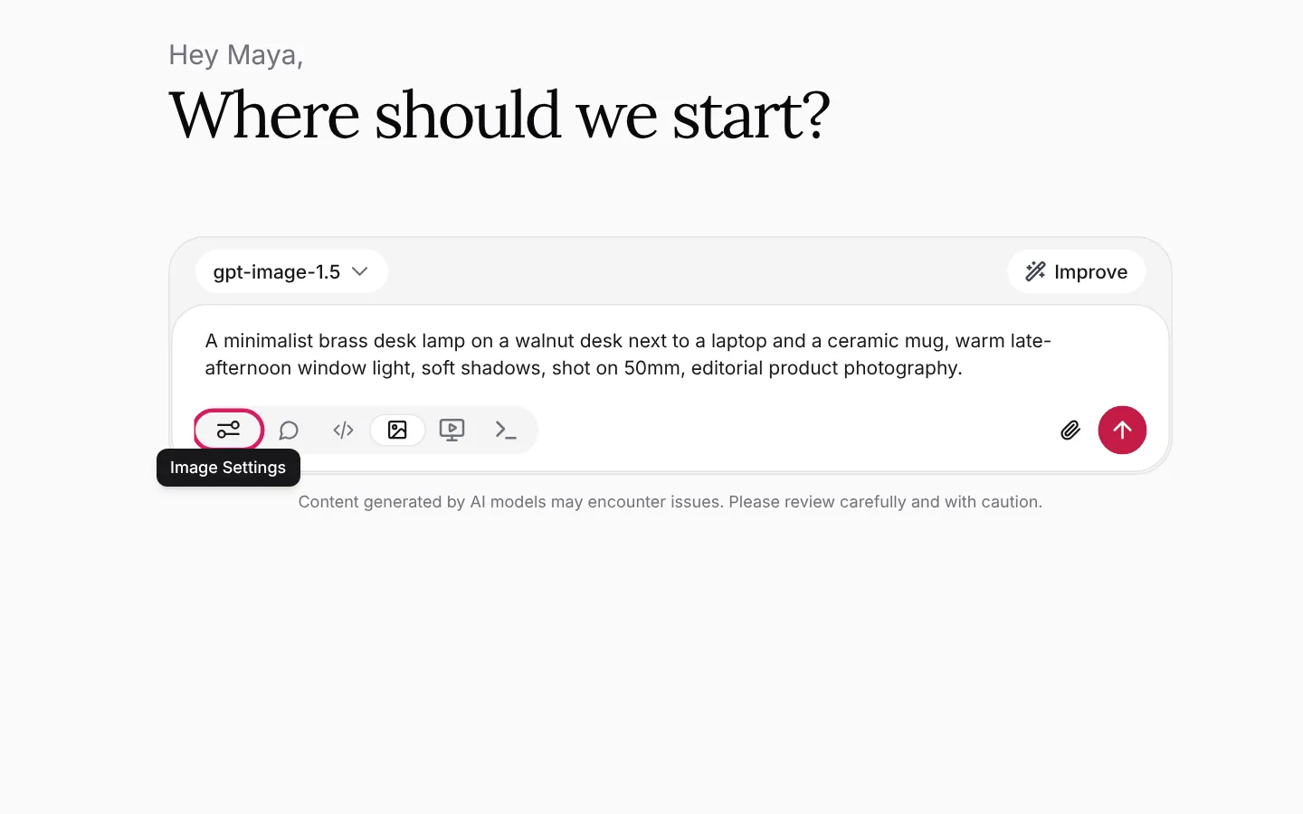 The Image Settings control highlighted in the message box, with its tooltip showing